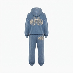Custom <b>Women</b> Washed Blue Oversized Hoodie <b>Jogger</b> Set Cotton <b>Fleece</b> Streetwear Tracksuit OEM Wholesale - Product Image 4