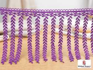 Ribete de encaje con borlas HitJem Export Purple Leaf, 100% algodón, decorativo, para vestidos y manualidades. - Product Image 1