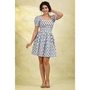 Vestido Mini Lavable Ecológico con Estampado Floral Azul y Blanco para Mujer, Manga Abullonada, Cuello Redondo, Vestido Casual de Verano para Fiesta - Product Image 3