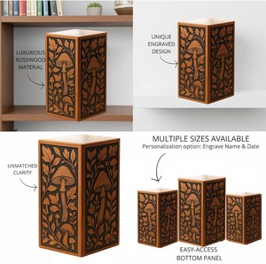 Urne funéraire en bois de style américain artisanale avec gravure de champignons et de feuilles |   Urne commémorative inspirée de la nature pour cendres - Product Image 1