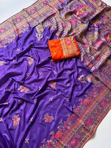 Sari de Seda Pura Rajwadi Pashmina con Borde de Zari Pesado Tejido con Hilo, Tradicional para Mujer, de Secado Rápido y Sin Arrugas - Product Image 5