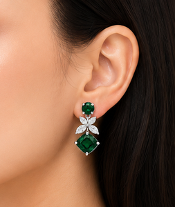 Pendientes de Gota con Esmeralda Corte Cojín Verde y Diamantes Marquise con Motivo Floral, Parte Superior Redonda, Joyería Fina de Lujo para Novia y Aniversario - Product Image 6