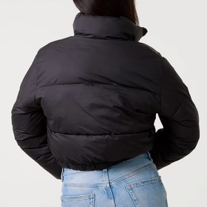 Custom Logo Women's <b>Stand</b> Collar Crop Puffer Jacket 100% Polyester Windbreaker Fabric Winter Cotton Filled Black Bubble <b>Coat</b> - Product Image 2