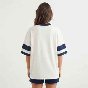 <b>Women's</b> White <b>V</b>-<b>Neck</b> Oversized <b>T</b>-<b>Shirt</b> Three Quarter Sleeve Color Blocking Logo Print Loose Fit Spring Summer Cotton - Product Image 2