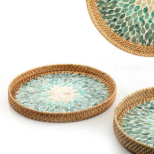 Plateau rond tissé unique non toxique du Vietnam, plateau en nacre et en rotin, best-seller - Product Image 6