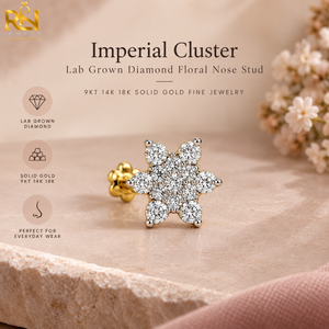 Pendiente de Nariz con Diamante Cultivado en Laboratorio Imperial Cluster, Diseño Floral, Oro Sólido de 9KT, 14K, 18K, Joyería Fina |   Piercing Nupcial Personalizado - Product Image 5
