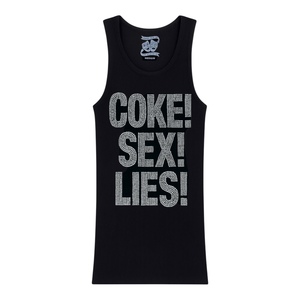 Camiseta sin mangas For Sex Lies para hombre, negra, con cuello redondo, estilo casual urbano, estampado brillante, logo en la espalda, 100% algodón - Product Image 1