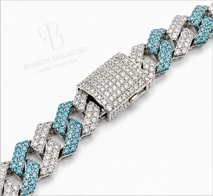 Luxury Cuban link <b>chain</b> necklace in 18K white gold <b>iced</b> <b>out</b> with lab grown diamonds and vibrant blue accents bold hip hop design - Product Image 5