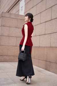 Women's Sleeveless <b>Red</b> Peplum Vest Frayed Lapel Notch Collar Self Tie Waist <b>Belt</b> Tailored Top Polyester Spandex LUCIA - Product Image 4