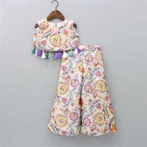 Luxury Children's Heavy Floral Printing Work 100% Cotton Palazzo With Crop Sleeveless <b>Top</b> 2 Pcs Set For 2 To 10 Yr Kids Girls - Product Image 1