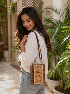 New Design Hand Tooled Cowhide Leather Flap Phone <b>Purse</b> Sling Bag <b>Small</b> Size Bags Shoulder Strap Women Vintage <b>Small</b> Sling Bag - Product Image 3