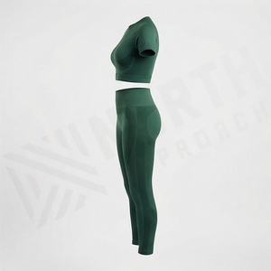 Ensemble de yoga deux pièces sans couture couleur personnalisée, haut court à manches courtes et legging long, vêtements de sport et fitness - Product Image 3