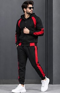 Men's Black Red Solid Hooded Tracksuit <b>Full</b> <b>Zip</b> <b>Sweatshirt</b> Joggers Set Streetwear Winter Wear Regular Fit 100% Cotton Fleece - Product Image 3