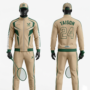 Chándal de bádminton para hombre de poliéster y spandex premium de 280 GSM, diseño de paneles en contraste beige y verde, logotipo bordado por sublimación personalizado. - Product Image 1