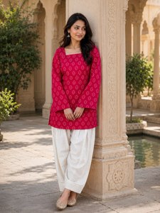 Conjunto de Salwar Patiala de Algodón Estampado, Estampado Jaipuri Bandhani, Corte Ajustado, Secado Rápido, Kurta para Mujer, Pantalón Tulip, para Fiestas, Casual, Uso Diario - Product Image 4