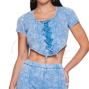 Top Corto de Algodón con Lavado Ácido para Mujer, de Alta Calidad, Nuevo y Elegante, Transpirable, Diseño Único con Cordones, Ropa de Verano Tellus, Venta al Por Mayor en Línea - Product Image 1