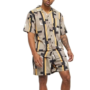 ชุดเซ็ตเสื้อเชิ้ตและกางเกงขาสั้นลายทางผ้าฝ้าย 100% สำหรับผู้ชาย สไตล์ฮาวายลำลอง ใส่ได้ในฤดูร้อน - Product Image 1