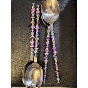 Assured Quality Metal Salad Servers <b>With</b> Beaded Handles Purple And Silver Decorative Metal Salad <b>Tools</b> Manual Use - Product Image 1