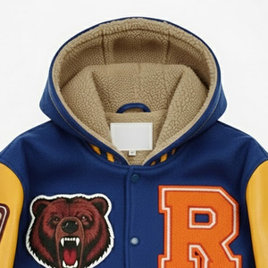 <b>High</b> Quality <b>Leather</b> Sleeves Embroidered Logo Letterman Hooded Jacket <b>Top</b> Seller Hip Hop Streetwear Baseball Jackets For Men - Product Image 6