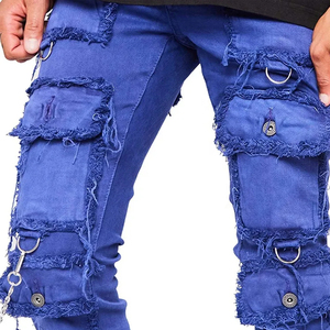 Pantalones Vaqueros Cargo para Hombre, con Múltiples Bolsillos, Detalle de Cadena, Lavado Desgastado, Estilo Hip Hop, Primavera, Algodón, Corte Regular - Product Image 4
