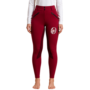 Leggings d'équitation bordeaux pour femmes, taille haute, avec grip en silicone extensible et poches zippées - Product Image 1