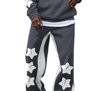 Men's Gray Hooded Tracksuit With <b>White</b> Star Print Loose Fit Streetwear <b>Sweatshirt</b> And Pants Full Length Autumn Wear - Product Image 4