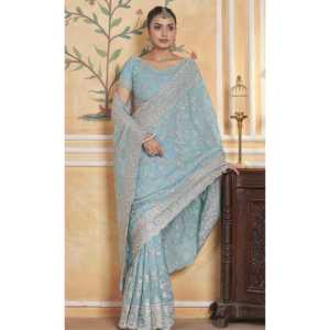 RV Creation Pink Fancy Diamond Work Saree con bordado de hilo Zari para bodas - Product Image 6