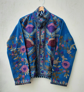 Handcrafted Kashmiri Aari Embroidery Women Royal Blue Velvet Woven <b>Quilted</b> Breathable Eco-Friendly Winter Coat Crewel Work - Product Image 3