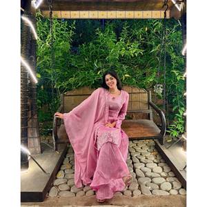 Fancy Silk Salwar Kameez <b>Top</b>-Bottom and Dupatta with Zari & <b>Sequins</b> Embroidery Work XL Size for Wedding - Product Image 3