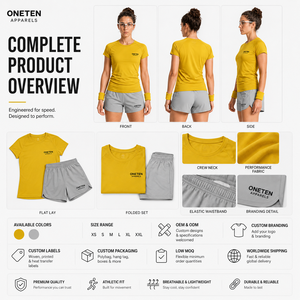 Conjunto de tenis para mujer con logo personalizado, camiseta amarilla de manga corta y pantalones cortos grises, ropa deportiva para primavera/verano. - Product Image 2