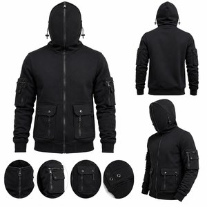 Men’s Full Face Zipper Cargo Hoodie Cotton Fleece Utility Cargo Hooded <b>Jacket</b> Multi Pocket Streetwear Zip Up Hoodie with Sleeve - Product Image 1