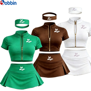 Top Trending Hot Selling Summer <b>Clothes</b> Women Custom Streetwear 3Pcs Short Skirt <b>Gold</b> Zipper Short Sleeve Jacket and Shorts Set - Product Image 1