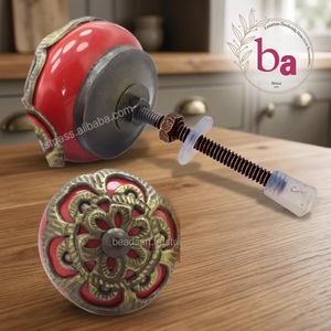 Ba <b>Ceramic</b> Cabinet <b>Knob</b> Red Round Traditional Design Antique Brass Filigree Flower Handle for Kitchen Drawer - Product Image 1