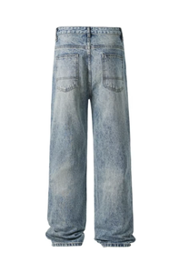 Jean en denim pour homme avec logo personnalisé, coupe ample, jambe droite, style baggy, jambe large, délavé à l'acide - Product Image 1