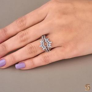 14K White <b>Gold</b> Moissanite Modern Luxury Open <b>Ring</b> with Double Band Floral Design Perfect For Statement Jewelry - Product Image 1