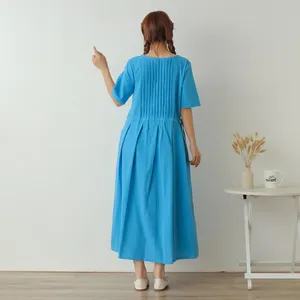 Vestido Maxi de Lino y Algodón Estilo Bohemio, Azul, Manga Media, Corte Holgado, Casual, Veraniego - Product Image 5
