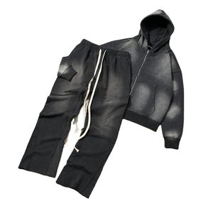 Acid Wash <b>Oversized</b> Zipper Hoodie Tracksuit Streetwear Men Women Vintage Washed Zip-Up Hoodie <b>Jogger</b> Set Custom Logo OEM Bulk - Product Image 1