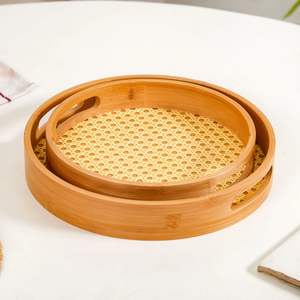 Premium Bamboo Serving Tray with Cane Weave Base <b>Round</b> Tray for Home Decor Serving - Product Image 5