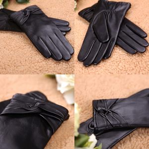 Womens fashion Leather <b>Gloves</b> Wool Fleece Lining with Crossing Bow - Product Image 4