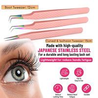 Kit de pinces à extensions de cils 3 pièces personnalisées avec logo, embouts texturés roses pour volume, en acier inoxydable antirouille, étui en cuir PU