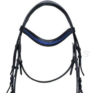 Brida de Cuero Negro Premium para Caballo con Diadema y Correa de Nariz Acolchadas con Brillo Azul, Cabezada Ecuestre Inglesa, Equipo de Montar MS TECHIFY - Product Image 1