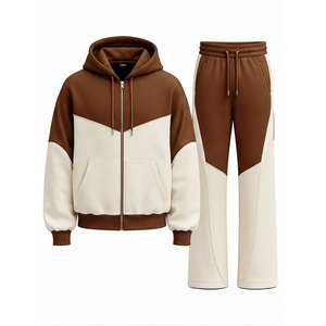 Conjunto Deportivo Personalizado con Logotipo, Color Crema Marrón, Bloques de Color, Sudadera con Capucha y Cierre Completo, Pantalones de 450 g/m² - Product Image 1