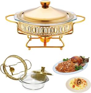 Plat à chafing doré orné avec base en verre, chauffe-plat rond décoratif pour buffets, idéal pour l'accueil de luxe à domicile et les événements royaux - Product Image 3