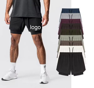Shorts de sport pour homme 2-en-1 à double couche, séchage rapide, respirants, extensibles, pour la course et l'entraînement, avec poches zippées, logo personnalisé - Product Image 1