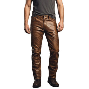 Pantalon en cuir d'agneau marron pour homme, finition cirée vieillie, pantalon en cuir d'agneau noir, coupe slim, cuir véritable - Product Image 1