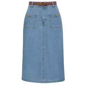 Custom 100% Cotton Blue Denim <b>Skirt</b> for Women Washed Vintage High Waist <b>Split</b> Women's Maxi <b>Skirt</b> - Product Image 1