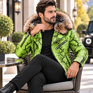 Men's Python Leather <b>Jacket</b> with Fox <b>Fur</b> <b>Hood</b> Luxury, Herren Lederjacken biker , Chaqueta Hombre Cuero Python , Veste Homme Cuir - Product Image 6