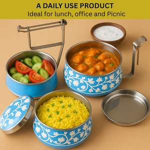 Venta de proveedor indio, logotipo personalizado, diseño de Color, pirámide de acero inoxidable Tiffin con mango de bloqueo de Clip, fiambrera, portador de alimentos - Product Image 3