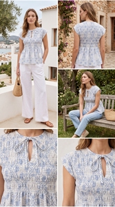 Haut à manches courtes imprimé numérique bleu, col noué, coupe régulière, respirant, tissé, décontracté, taille naturelle, mode féminine estivale - Product Image 1