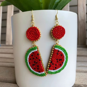 Beaded Watermelon Slice Tropical Fruit Drop Earrings Set Perfect For Summer <b>Beach</b> Vacation Style <b>Accessory</b> - Product Image 5
